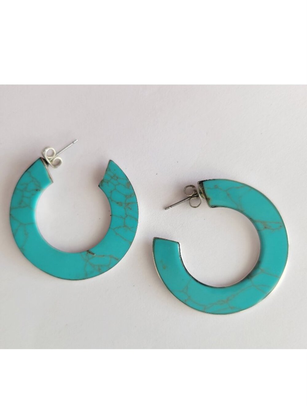 VTG Open Hoop Turquoise Inlay Earrings 925 Sterling Silver Mexico